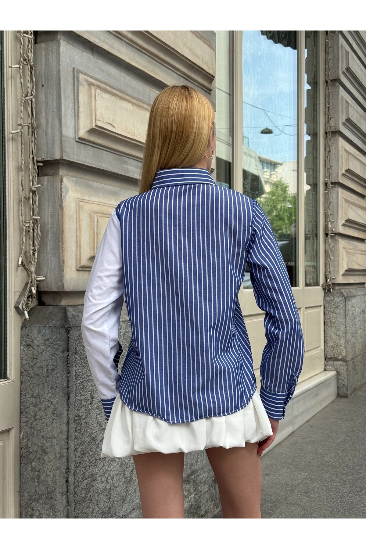 Kadın Özel Tasarım Yaka Kol Düğmeli Çizgili Garnili Bluz Boy Pamuk Curve Şık Gömlek