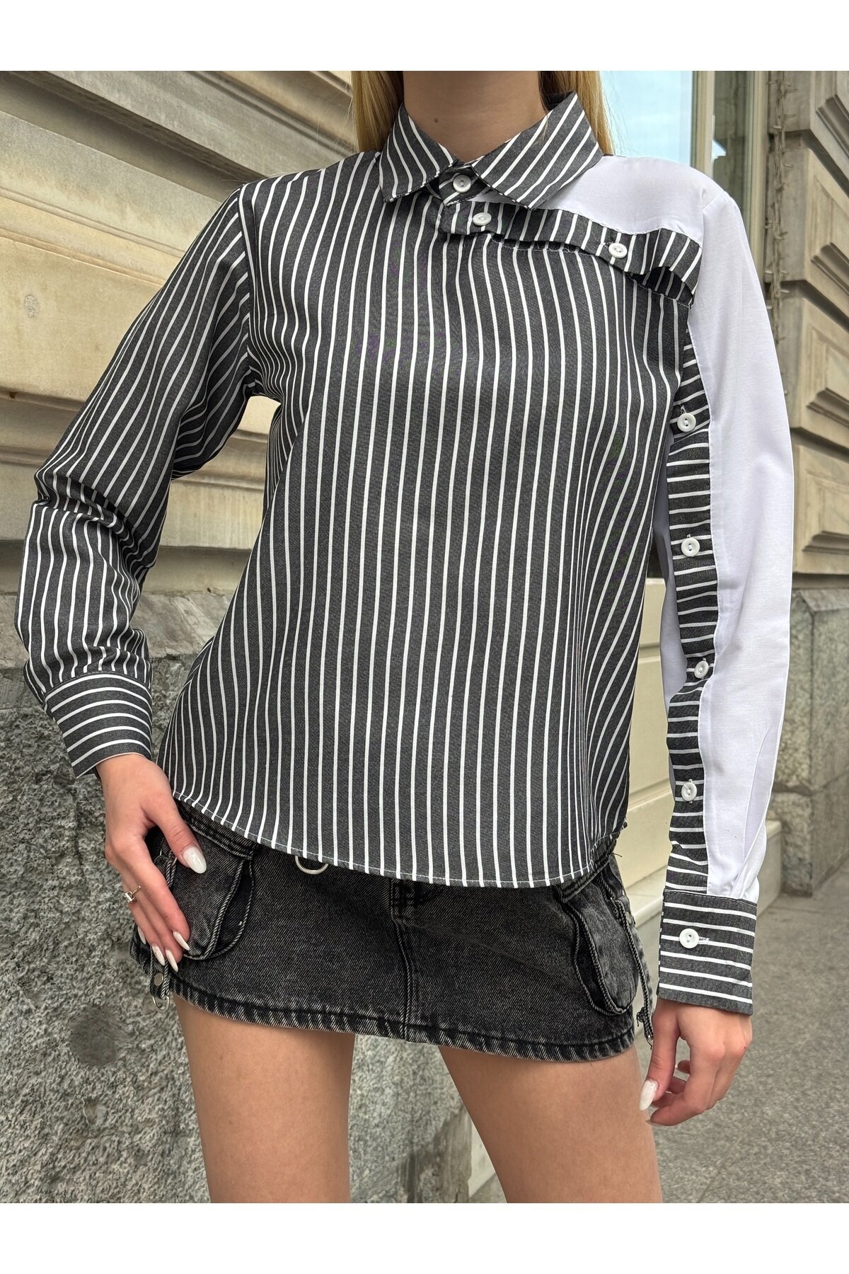Kadın Özel Tasarım Yaka Kol Düğmeli Çizgili Garnili Bluz Boy Pamuk Curve Şık Gömlek