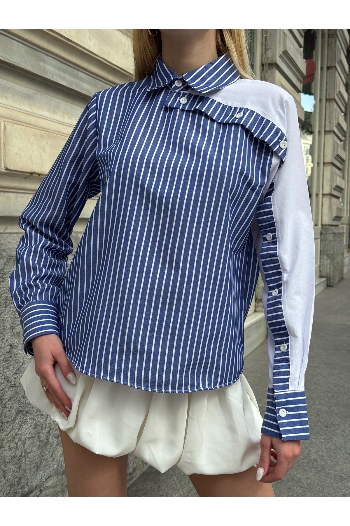 Kadın Özel Tasarım Yaka Kol Düğmeli Çizgili Garnili Bluz Boy Pamuk Curve Şık Gömlek