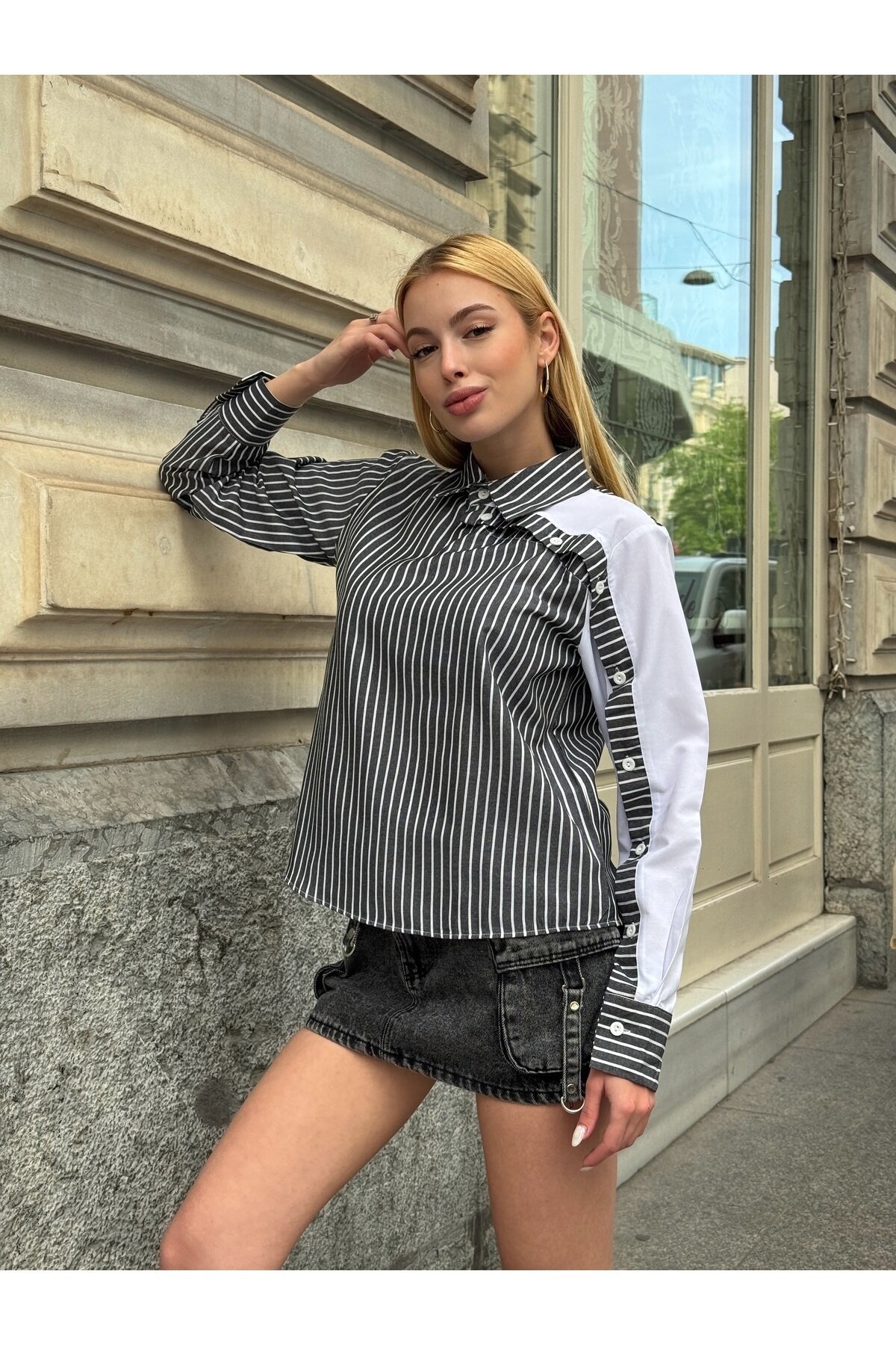 Kadın Özel Tasarım Yaka Kol Düğmeli Çizgili Garnili Bluz Boy Pamuk Curve Şık Gömlek