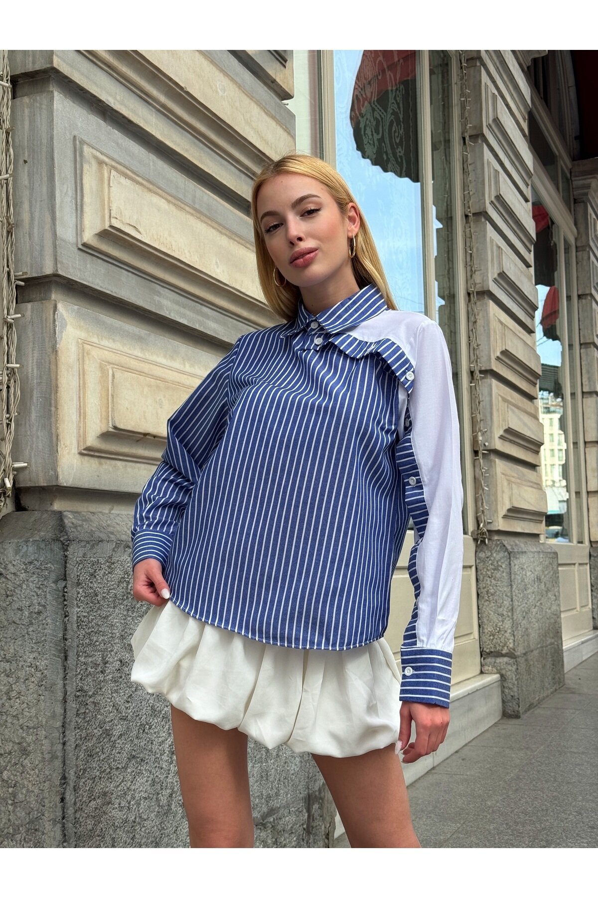 Kadın Özel Tasarım Yaka Kol Düğmeli Çizgili Garnili Bluz Boy Pamuk Curve Şık Gömlek