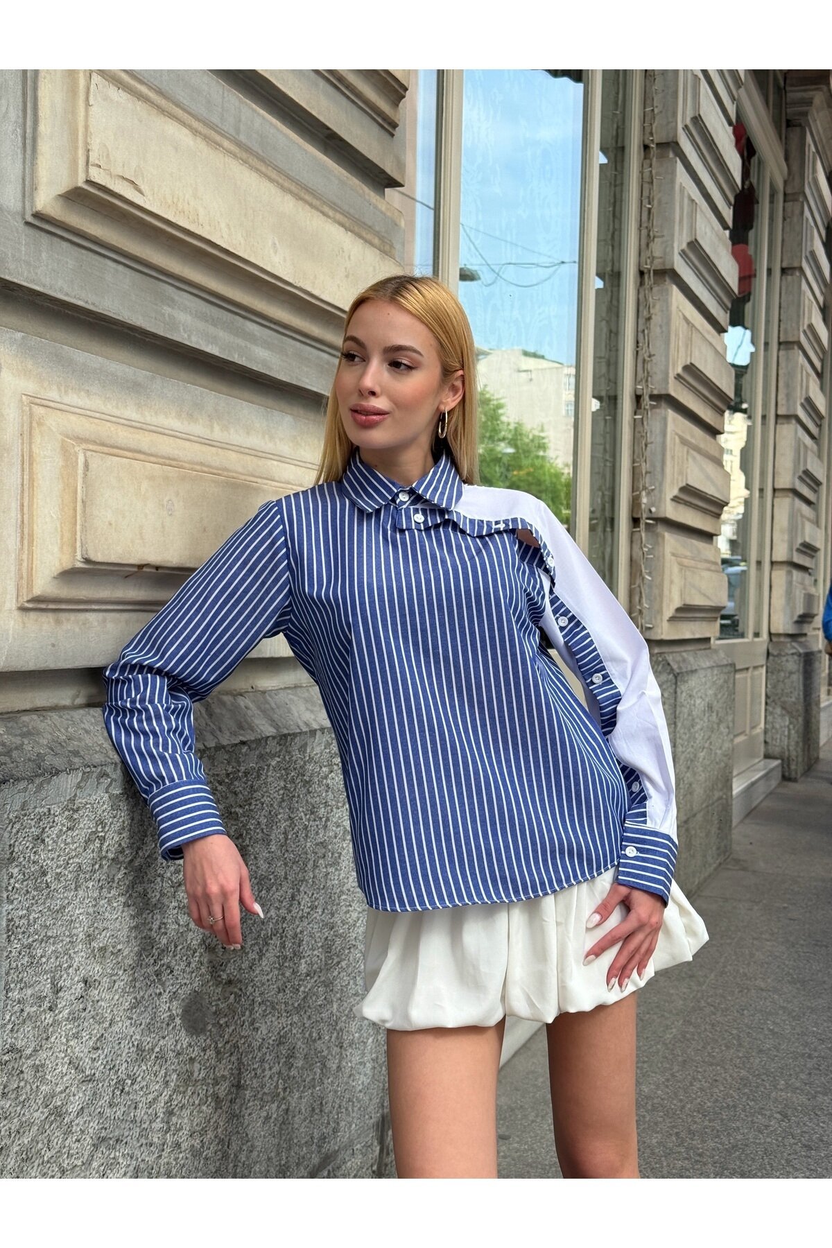 Kadın Özel Tasarım Yaka Kol Düğmeli Çizgili Garnili Bluz Boy Pamuk Curve Şık Gömlek