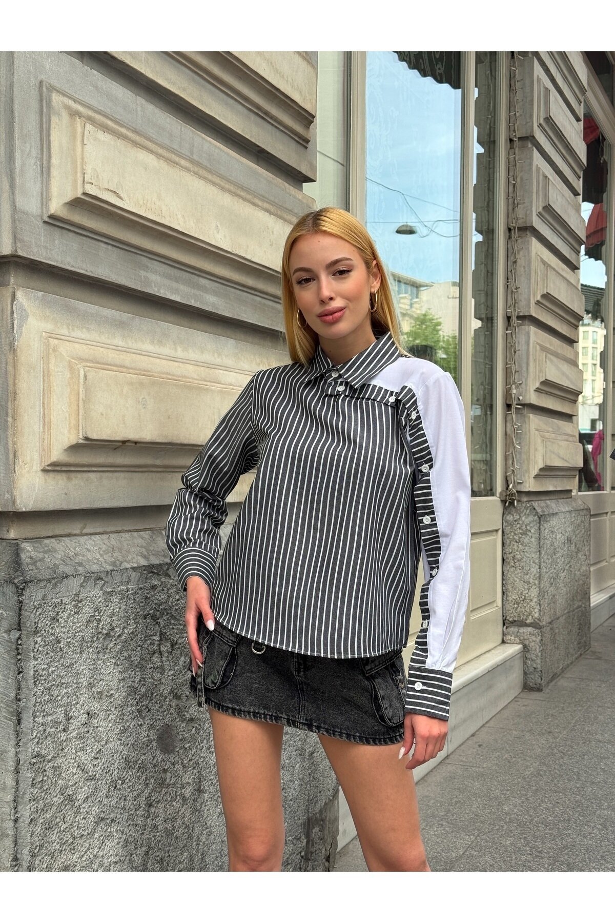 Kadın Özel Tasarım Yaka Kol Düğmeli Çizgili Garnili Bluz Boy Pamuk Curve Şık Gömlek