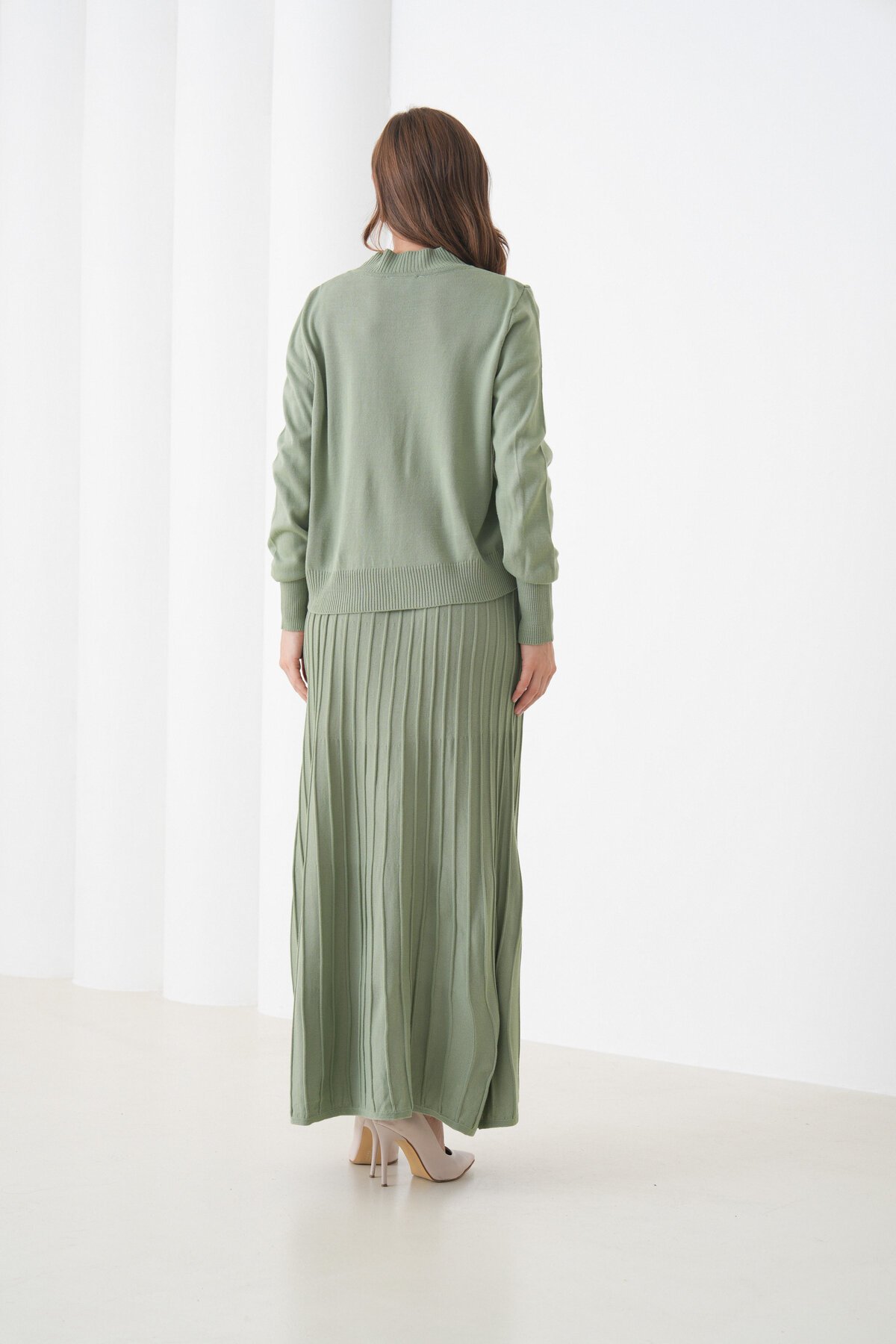 Kadın Pileli Etek Kazağı V Tasarım Tesettüre Uygun Örgü Triko Etek Kazak Takım