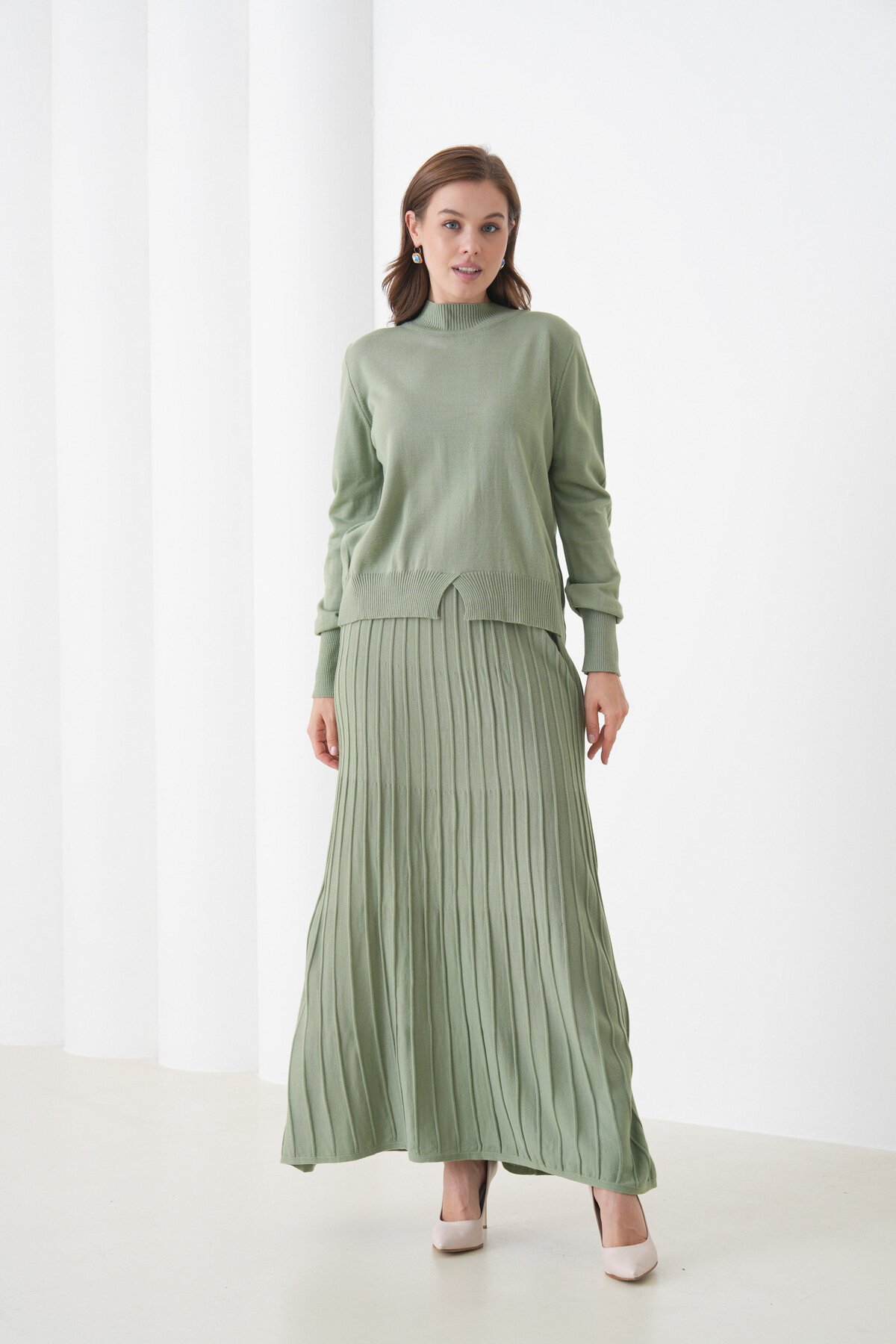 Kadın Pileli Etek Kazağı V Tasarım Tesettüre Uygun Örgü Triko Etek Kazak Takım