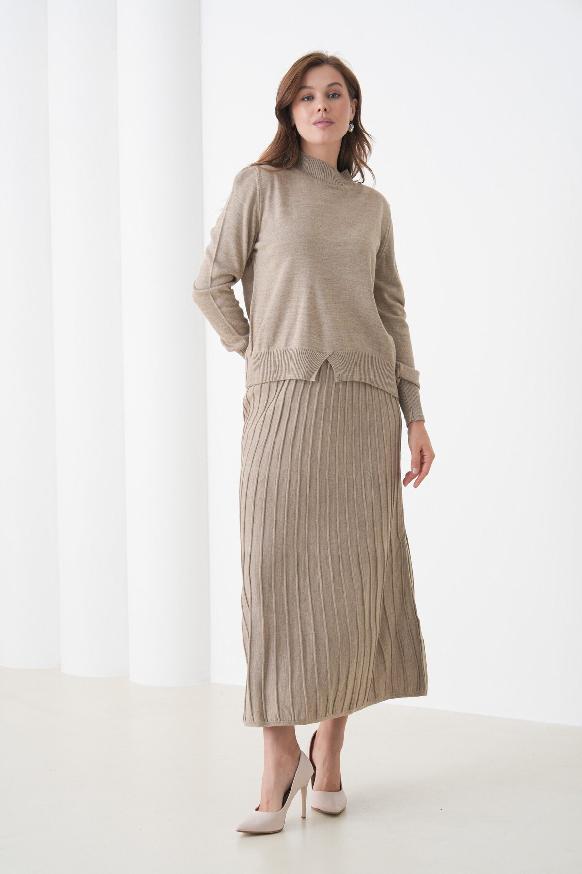 Kadın Pileli Etek Kazağı V Tasarım Tesettüre Uygun Örgü Triko Etek Kazak Takım