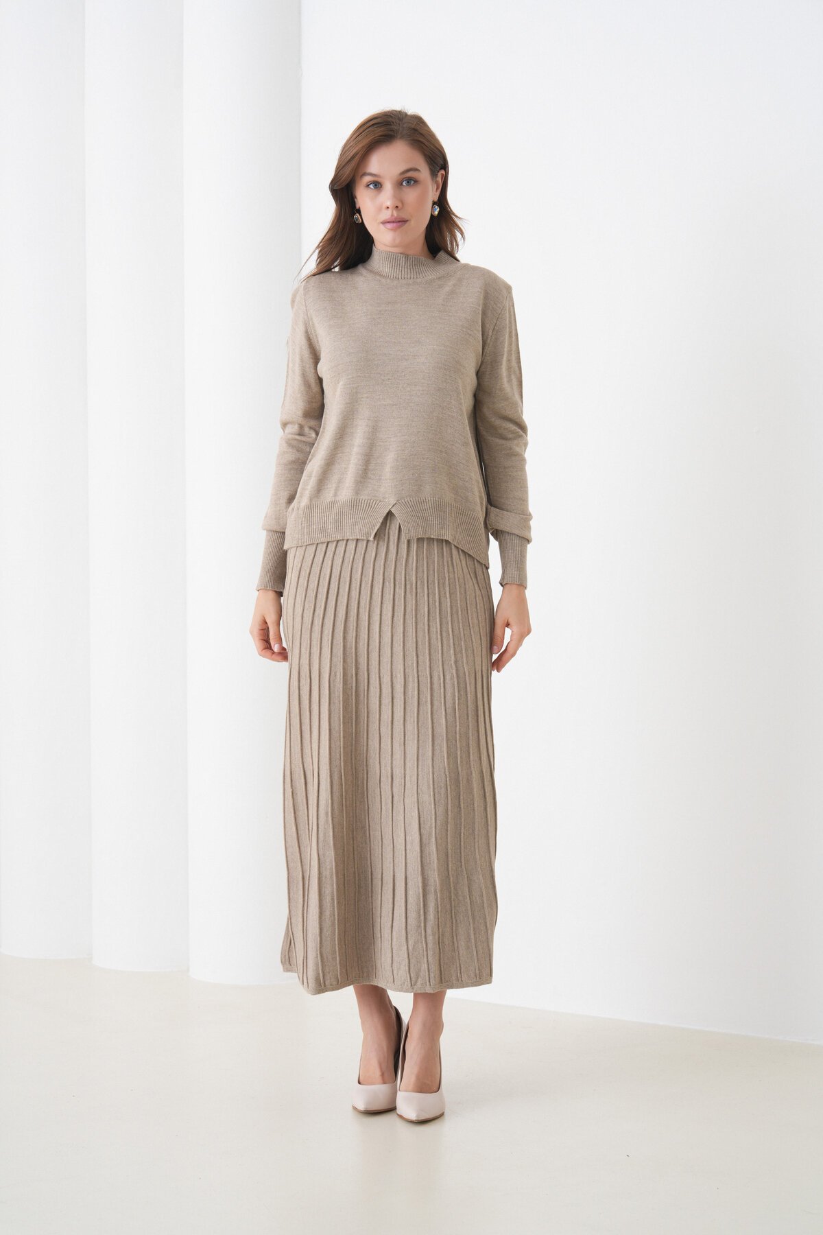 Kadın Pileli Etek Kazağı V Tasarım Tesettüre Uygun Örgü Triko Etek Kazak Takım