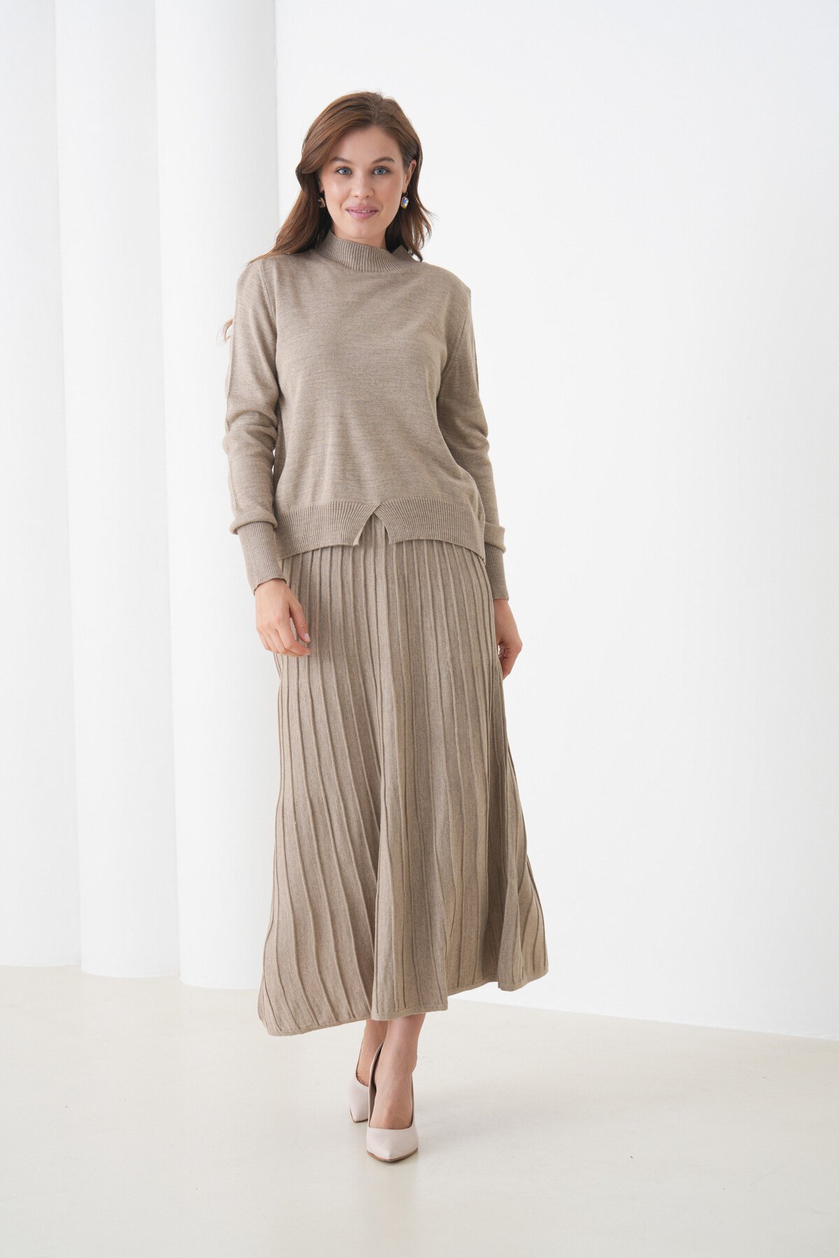 Kadın Pileli Etek Kazağı V Tasarım Tesettüre Uygun Örgü Triko Etek Kazak Takım