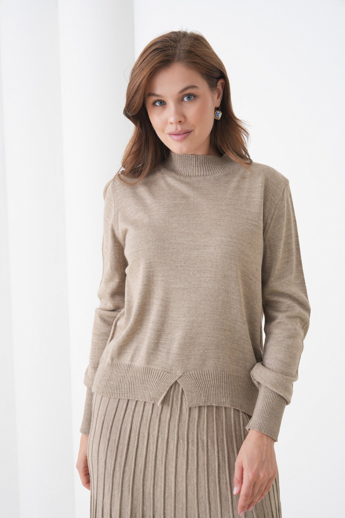 Kadın Pileli Etek Kazağı V Tasarım Tesettüre Uygun Örgü Triko Etek Kazak Takım