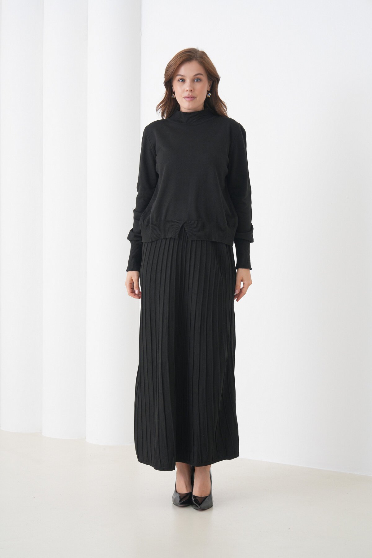 Kadın Pileli Etek Kazağı V Tasarım Tesettüre Uygun Örgü Triko Etek Kazak Takım