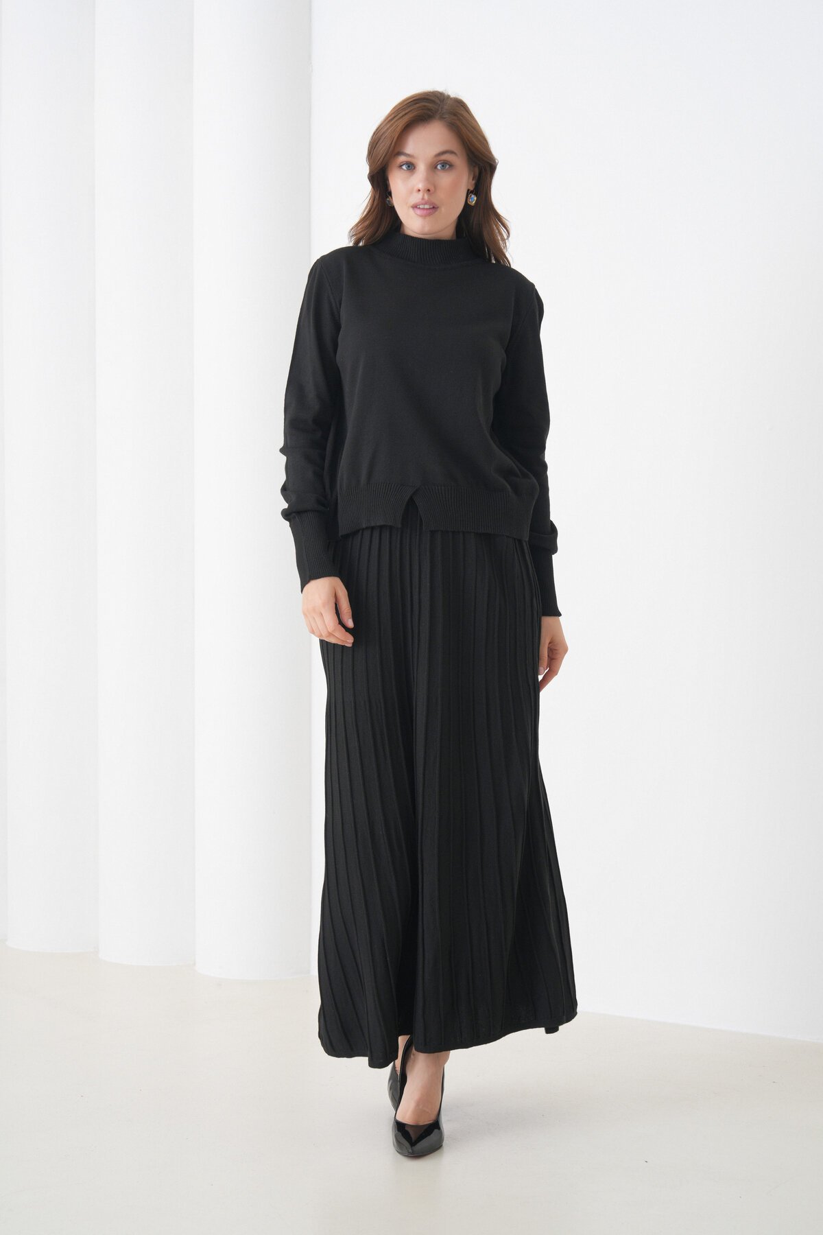 Kadın Pileli Etek Kazağı V Tasarım Tesettüre Uygun Örgü Triko Etek Kazak Takım