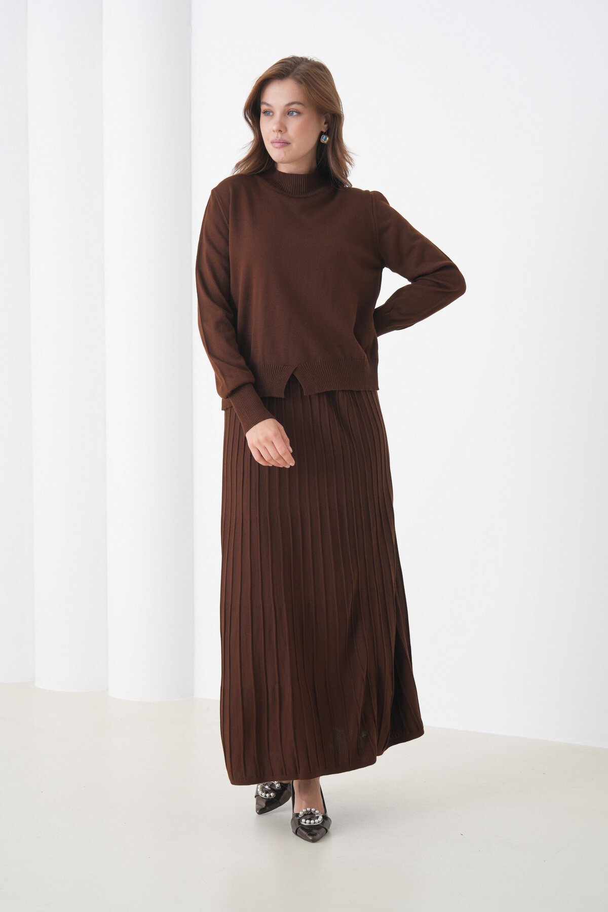 Kadın Pileli Etek Kazağı V Tasarım Tesettüre Uygun Örgü Triko Etek Kazak Takım