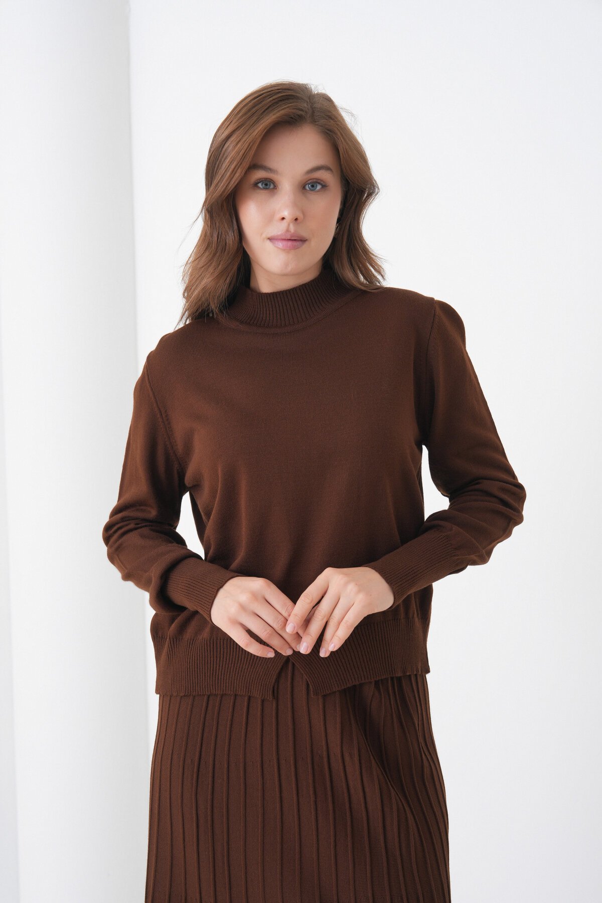 Kadın Pileli Etek Kazağı V Tasarım Tesettüre Uygun Örgü Triko Etek Kazak Takım