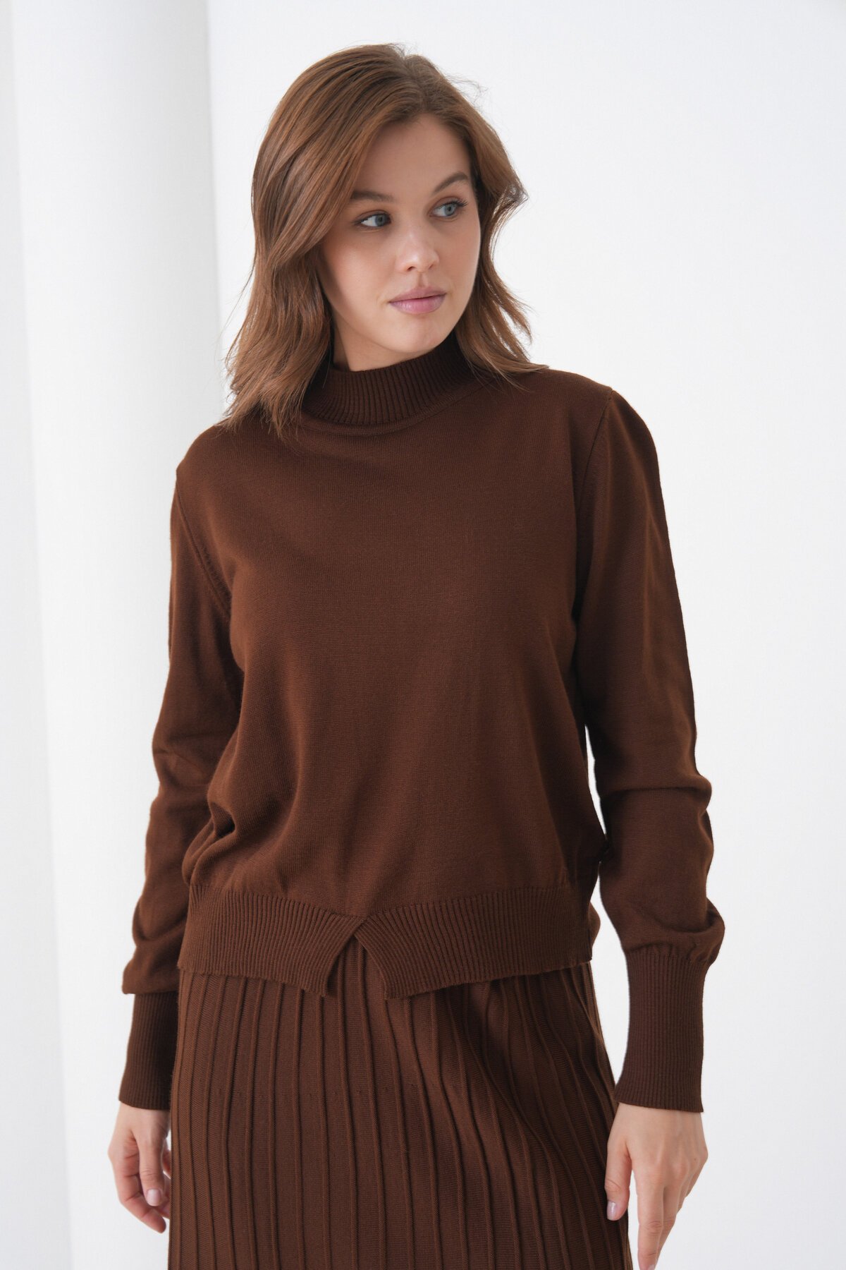 Kadın Pileli Etek Kazağı V Tasarım Tesettüre Uygun Örgü Triko Etek Kazak Takım