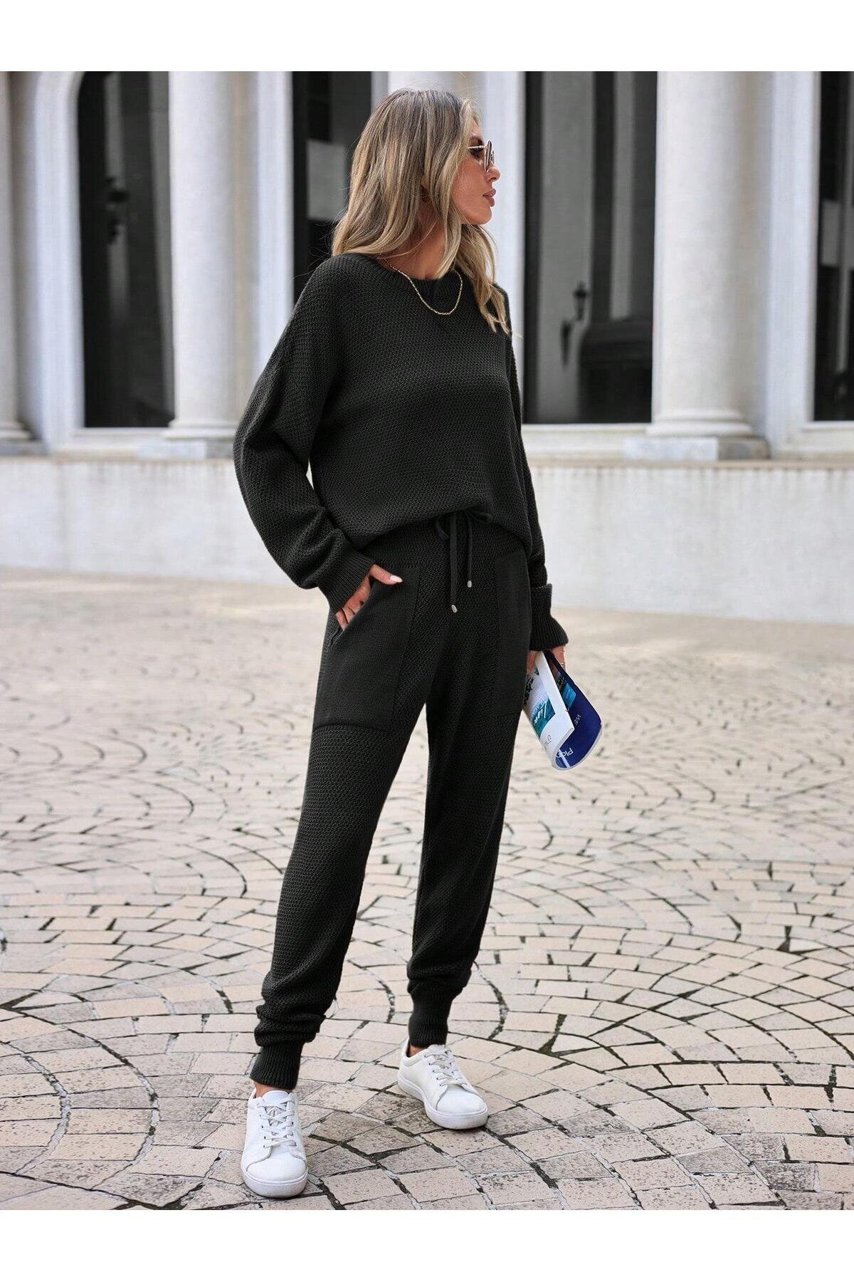 Kadın Rahat Kalıp Örgü Triko Tasarım Siyah Takım