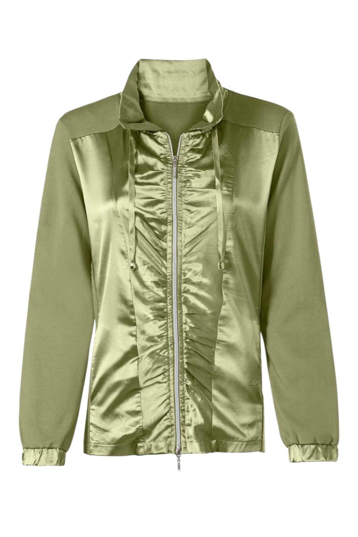 Kadın Saten Karşım Önden Büzgülü Fermuarlı Hakim Yaka Uzun Kol Spor Şık Büyük Beden Curve Ceket