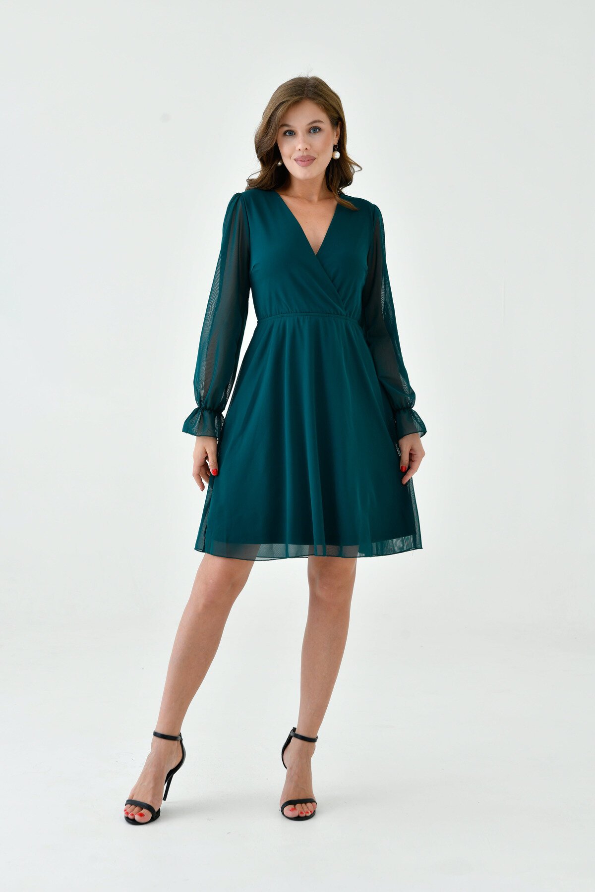 Kadın Şifon Kruvaze Curve Volanlı Esnek Tül Uzun Kol Şık Büyük Beden Elbise