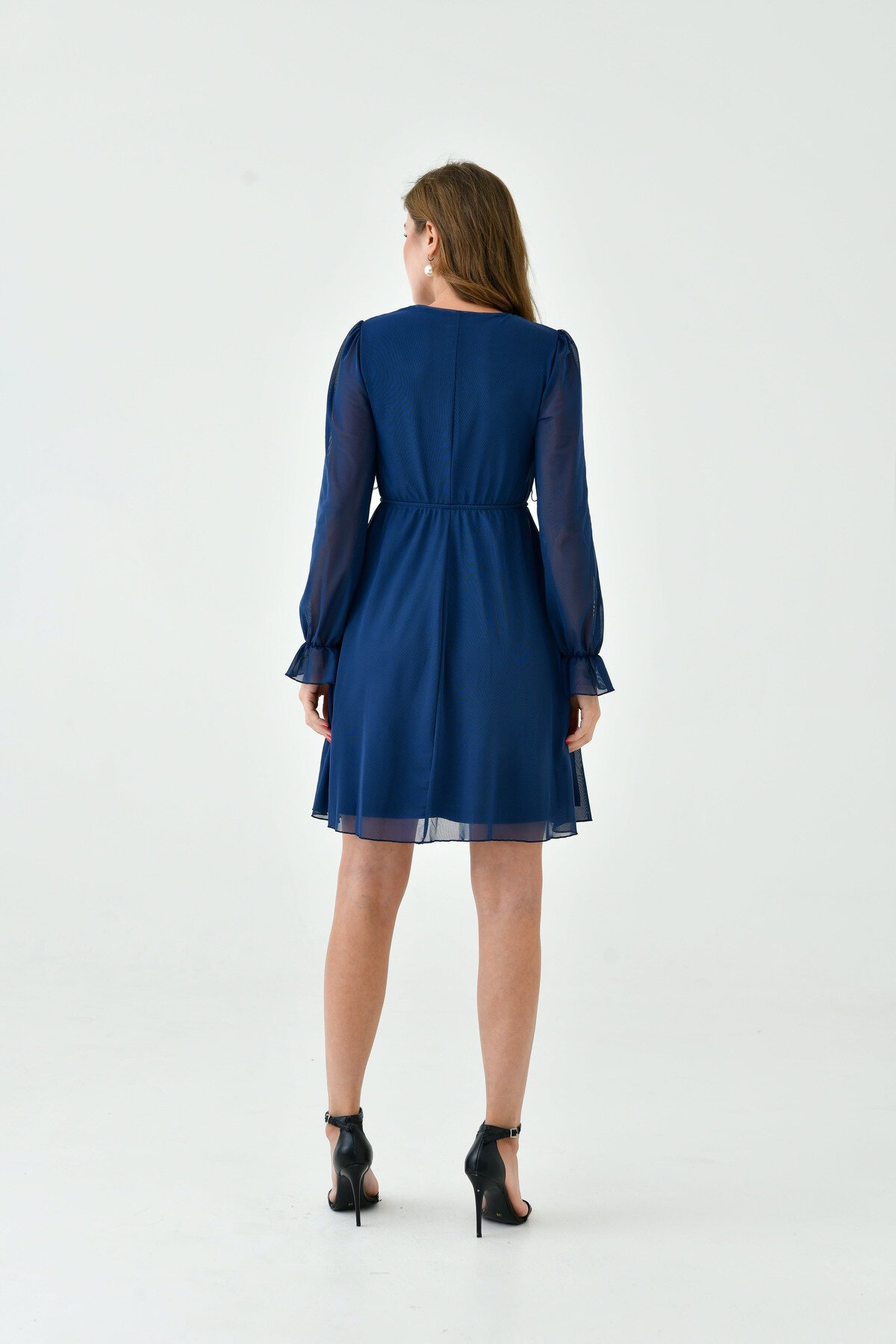 Kadın Şifon Kruvaze Curve Volanlı Esnek Tül Uzun Kol Şık Büyük Beden Elbise