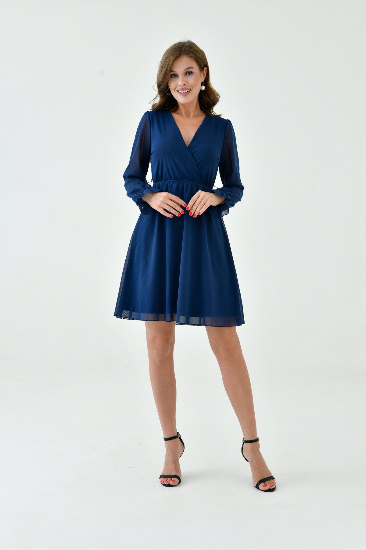 Kadın Şifon Kruvaze Curve Volanlı Esnek Tül Uzun Kol Şık Büyük Beden Elbise