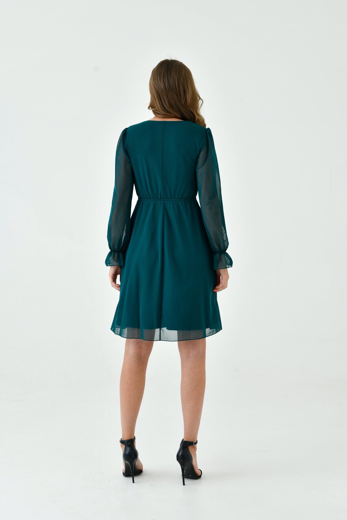 Kadın Şifon Kruvaze Curve Volanlı Esnek Tül Uzun Kol Şık Büyük Beden Elbise