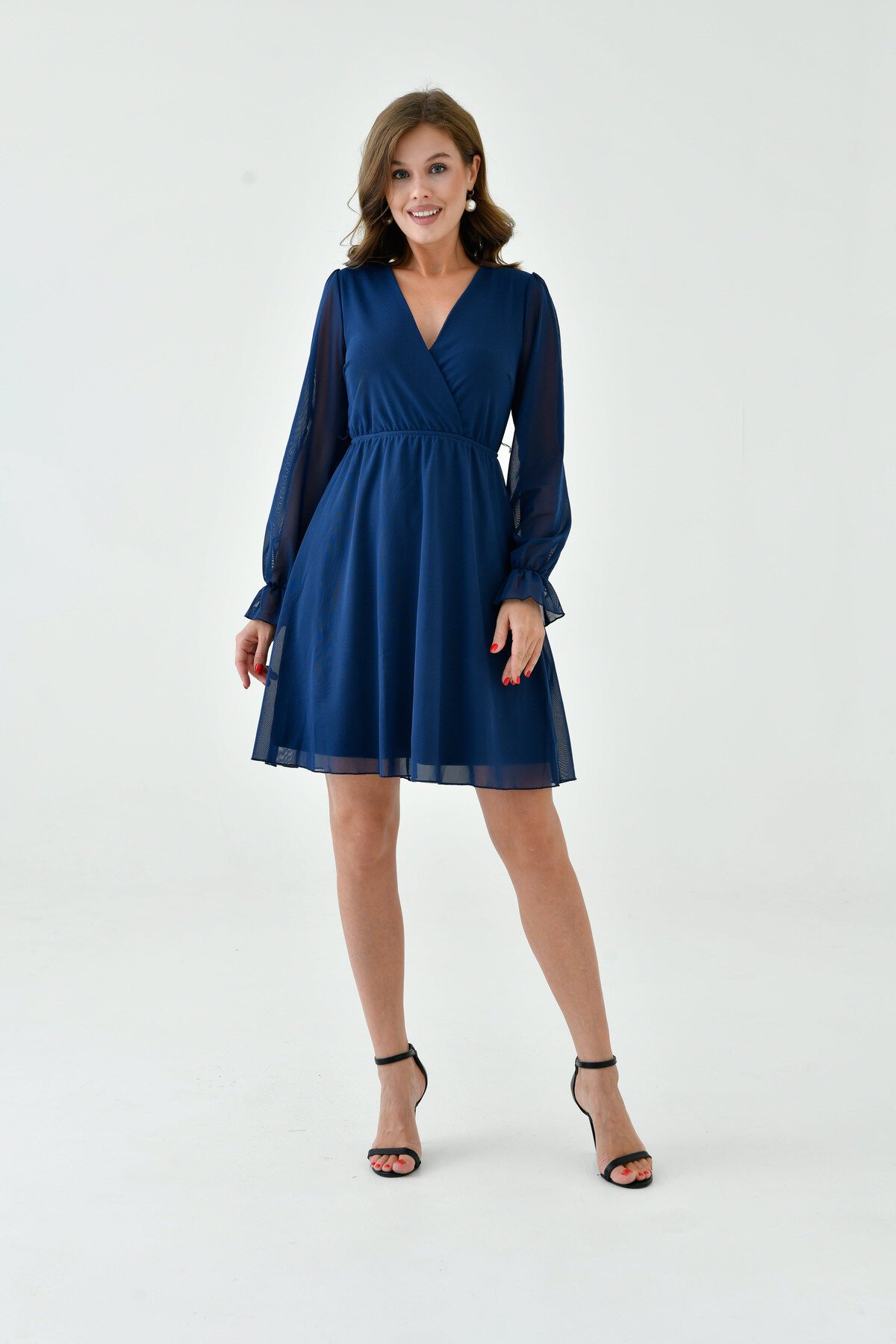 Kadın Şifon Kruvaze Curve Volanlı Esnek Tül Uzun Kol Şık Büyük Beden Elbise