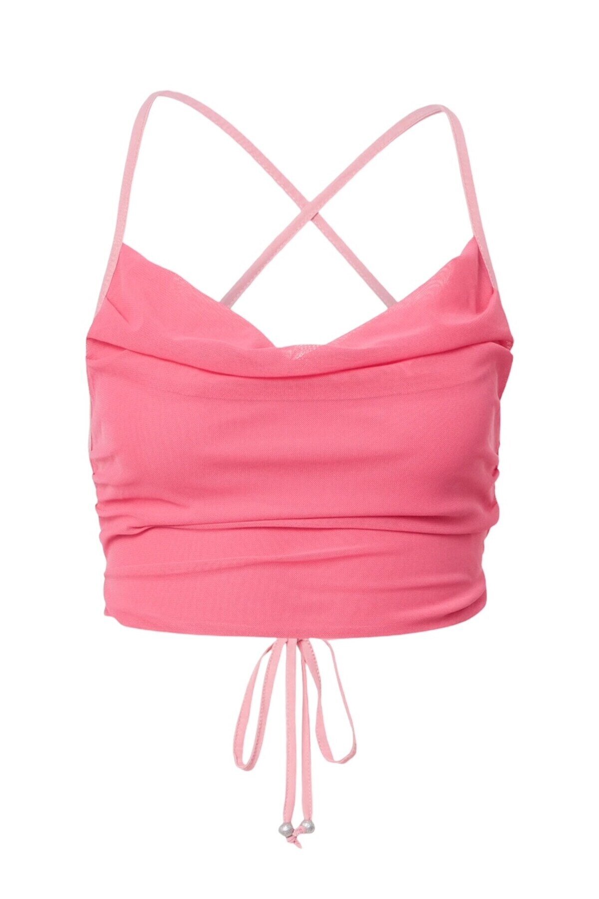 Kadın Sırtı Açık Bağlamalı Tül Degaje Yaka Spor Şık Tasarım Pembe Croptop Büstiyer
