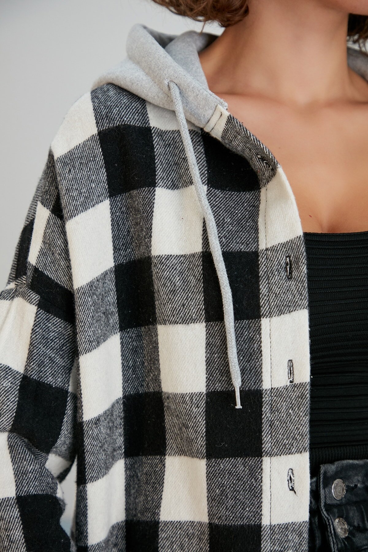 Kadın Siyah Beyaz Oduncu Oversize Ceket Gömlek