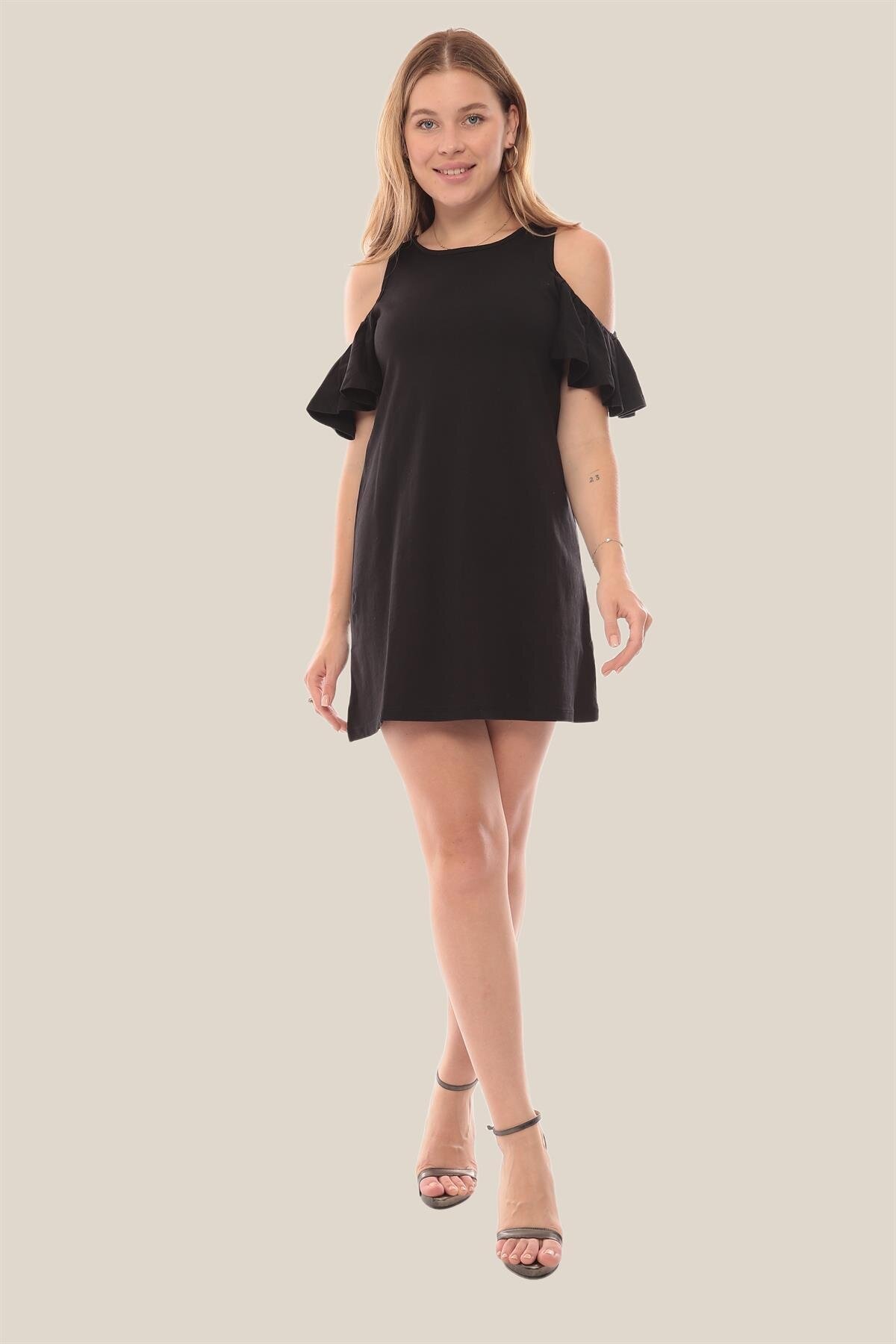Kadın Siyah Omzu Açık Fırfır Detay Çan Pamuk Elbise