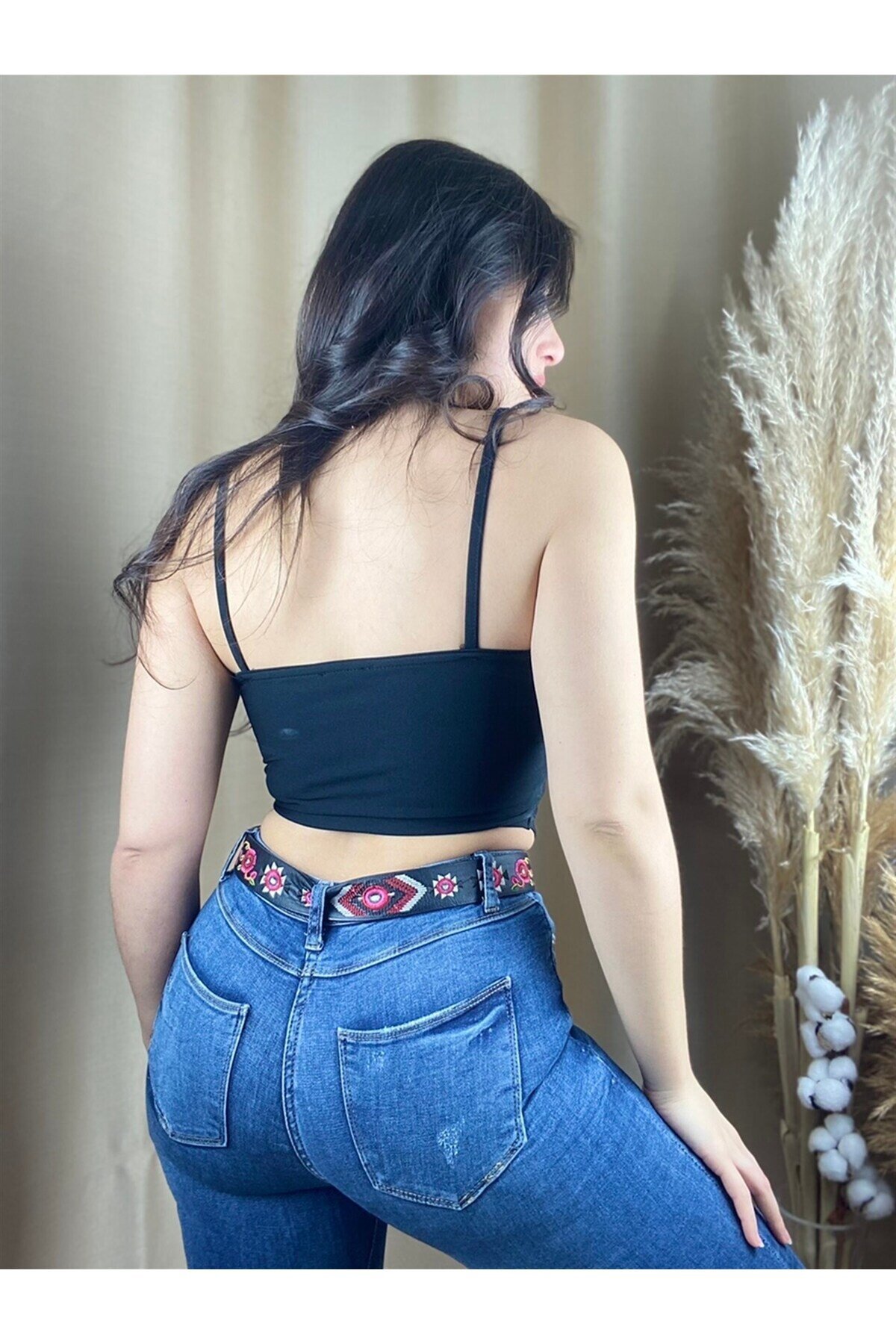 Kadın Siyah V Yaka Asimetrik Croptop