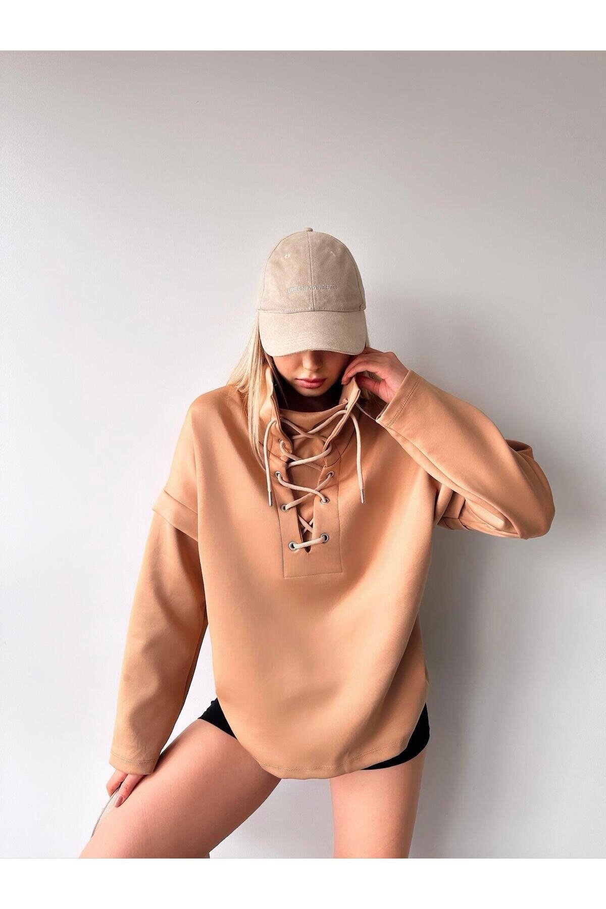 Kadın Tasarım Bağcıklı Yaka Super Şık Trend Scuba Sweatshirt