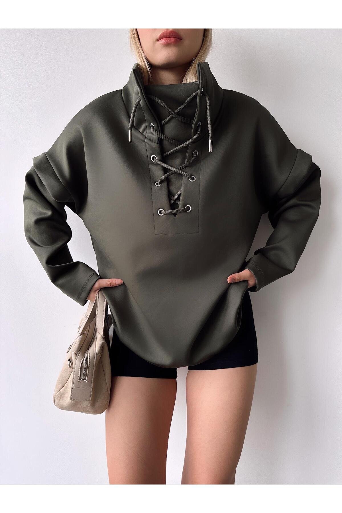 Kadın Tasarım Bağcıklı Yaka Super Şık Trend Scuba Sweatshirt