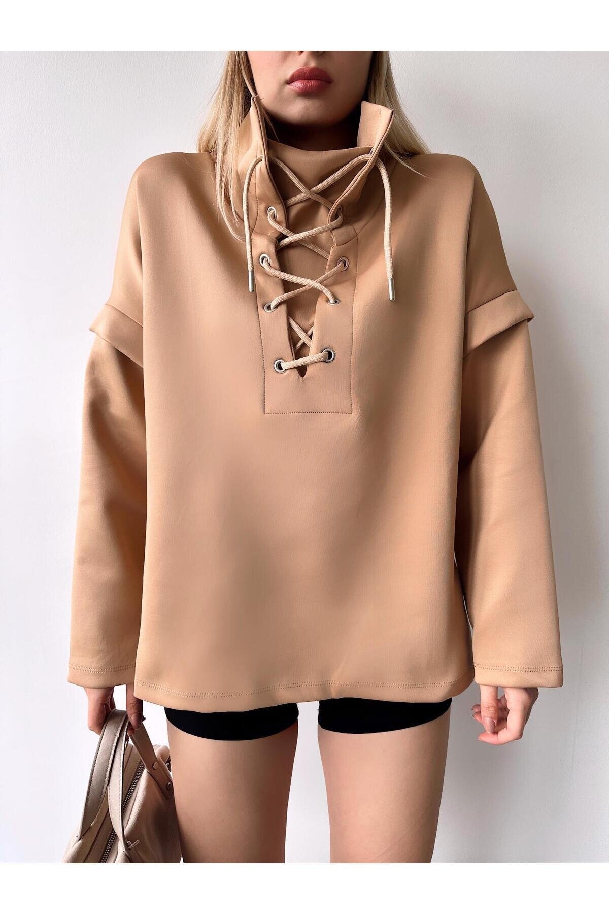 Kadın Tasarım Bağcıklı Yaka Super Şık Trend Scuba Sweatshirt