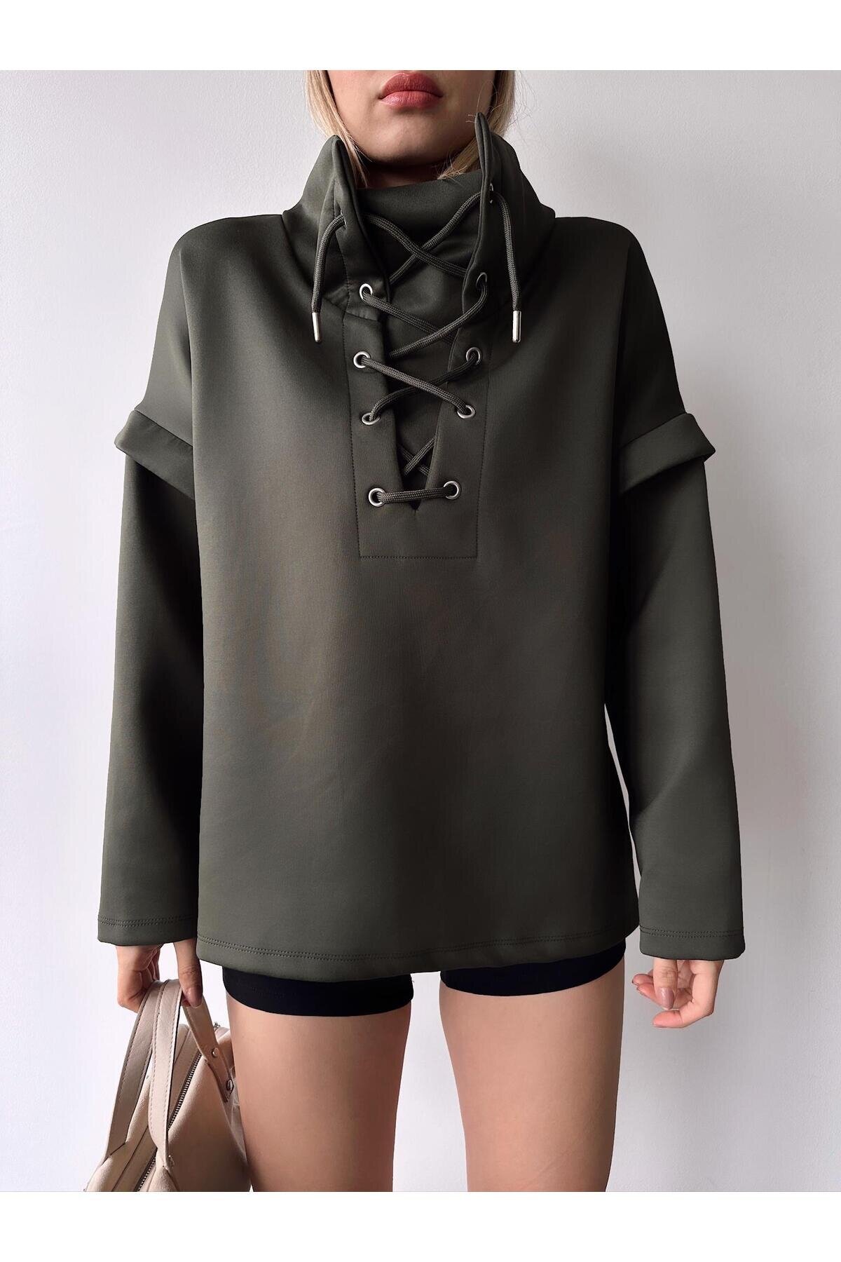 Kadın Tasarım Bağcıklı Yaka Super Şık Trend Scuba Sweatshirt