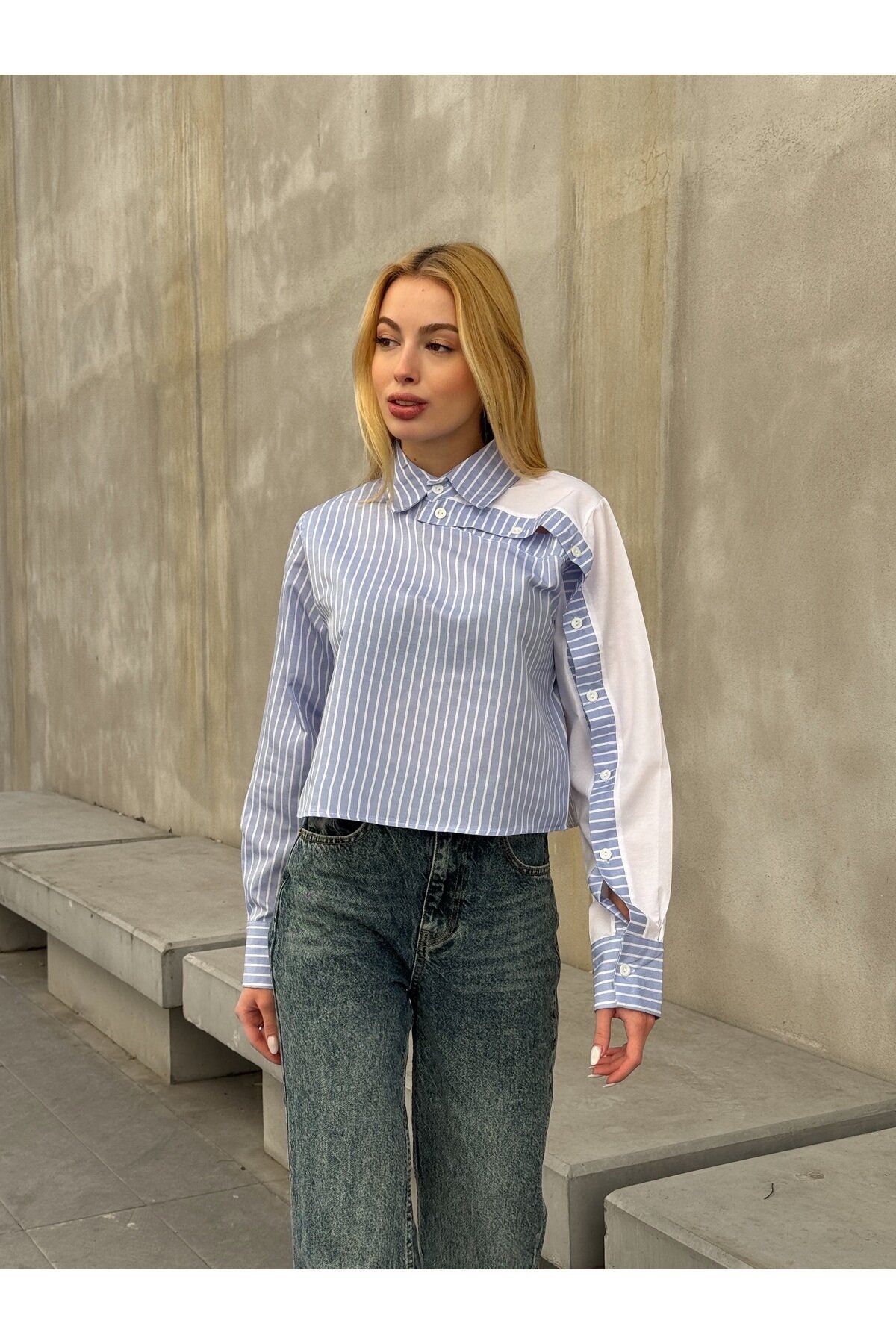 Kadın Tasarım Etek Üstü Crop Boy Pamuklu Şık Pamuklu Gömlek