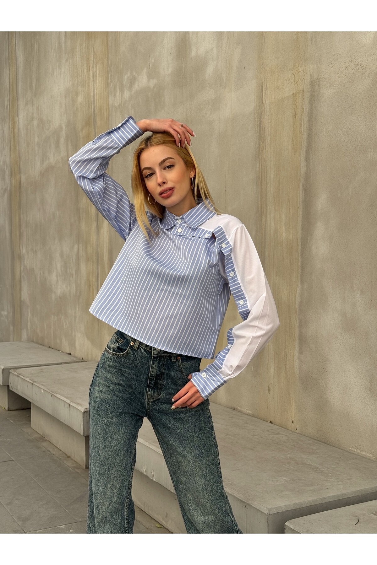 Kadın Tasarım Etek Üstü Crop Boy Pamuklu Şık Pamuklu Gömlek