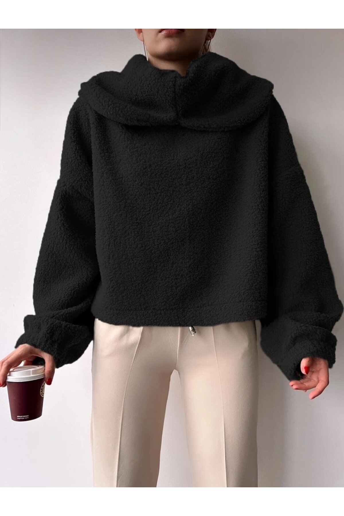 Kadın Tasarım Peluş Dökme Yaka Spor Şık Rahat Crop Sweat Curve Kazak