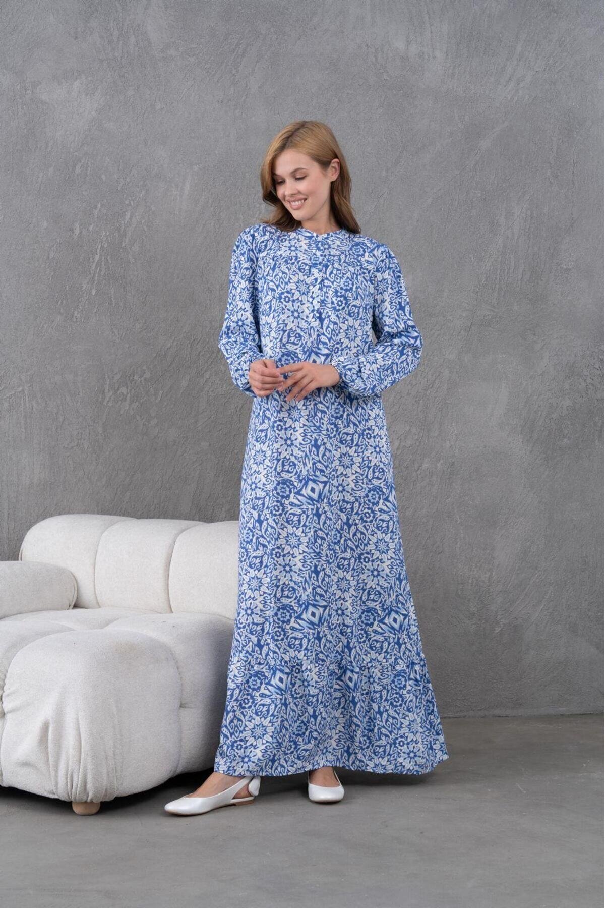 Kadın Tesettüre Uygun Desenli Uzun Kol Beli Bağcıklı Maxi Boy Rahat Büyük Beden Şık Pamuk Elbise