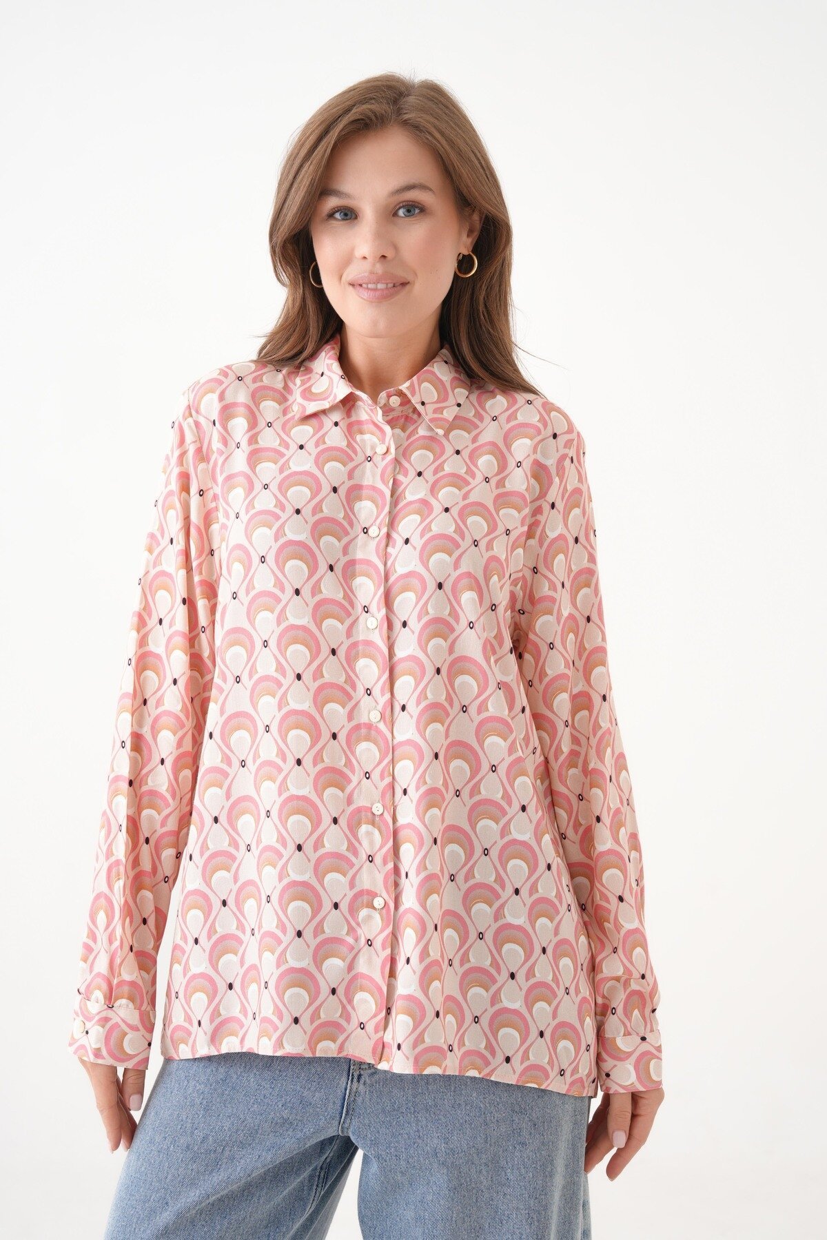 Kadın Tesettüre Uygun Desenli Uzun Kol Pamuk Şık Büyük Beden Desenli Curve Rahat Gömlek