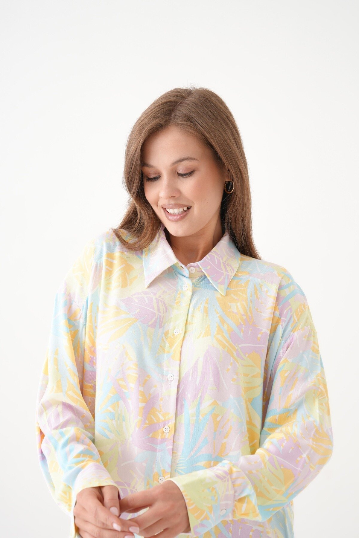 Kadın Tesettüre Uygun Desenli Uzun Kol Pamuk Şık Büyük Beden Desenli Curve Rahat Gömlek