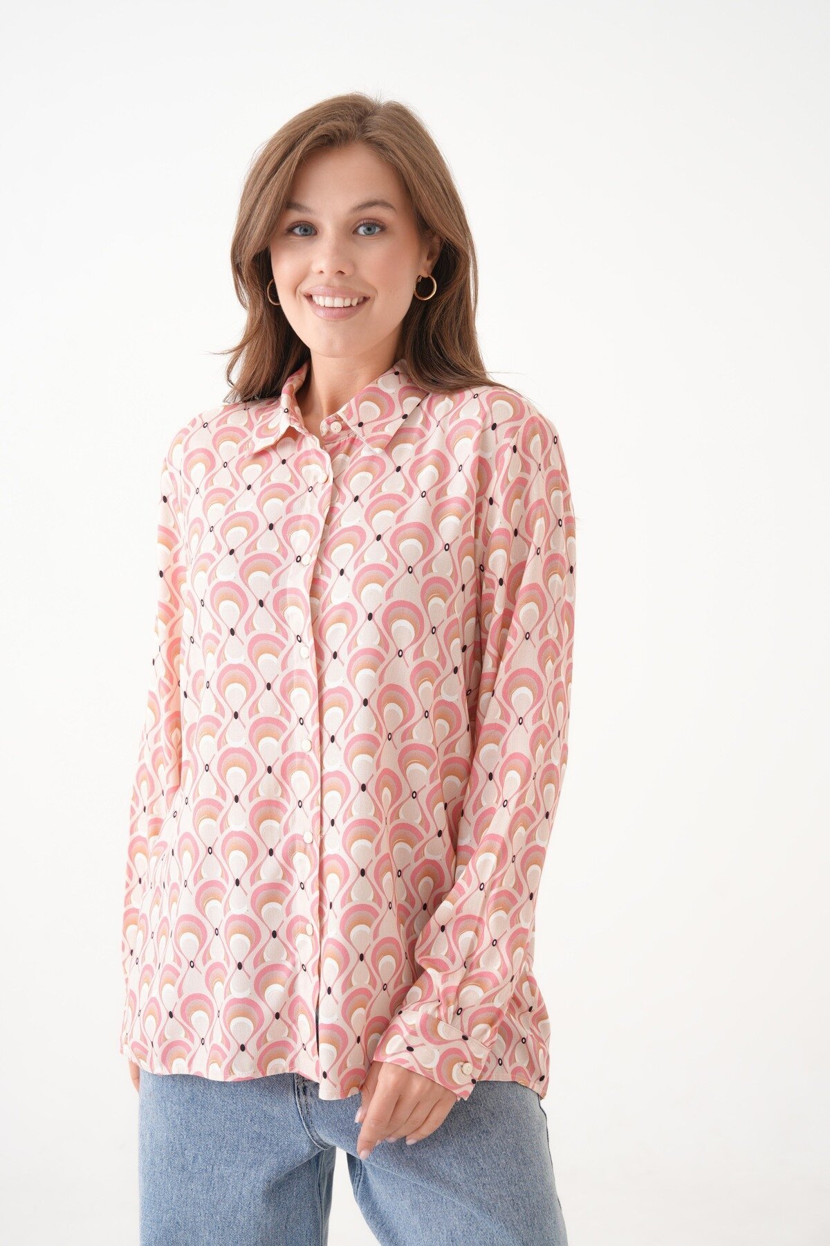 Kadın Tesettüre Uygun Desenli Uzun Kol Pamuk Şık Büyük Beden Desenli Curve Rahat Gömlek
