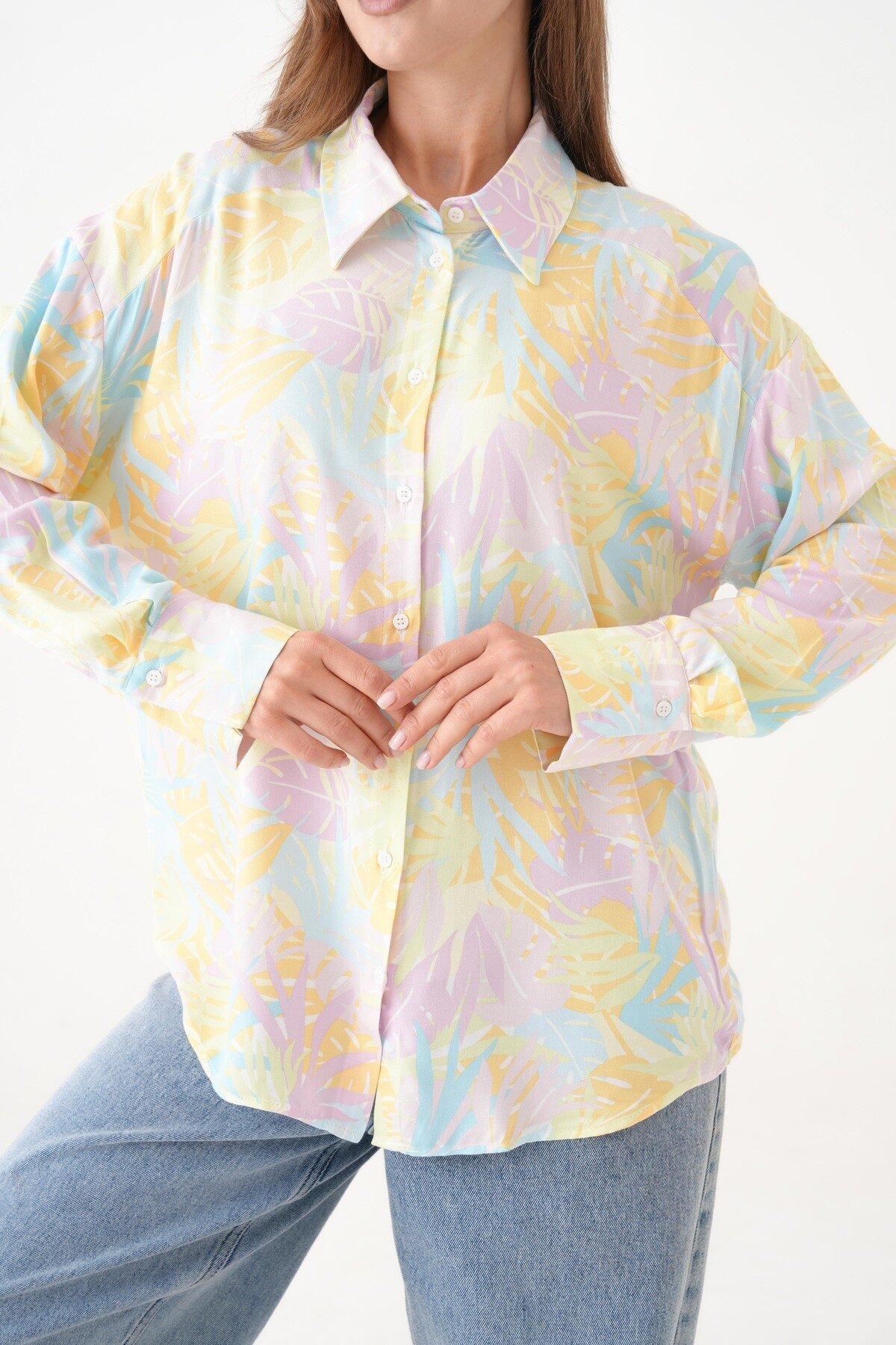 Kadın Tesettüre Uygun Desenli Uzun Kol Pamuk Şık Büyük Beden Desenli Curve Rahat Gömlek