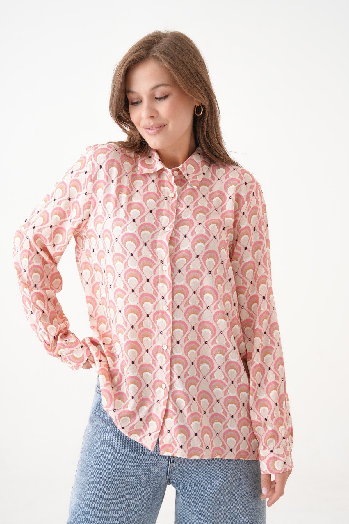 Kadın Tesettüre Uygun Desenli Uzun Kol Pamuk Şık Büyük Beden Desenli Curve Rahat Gömlek