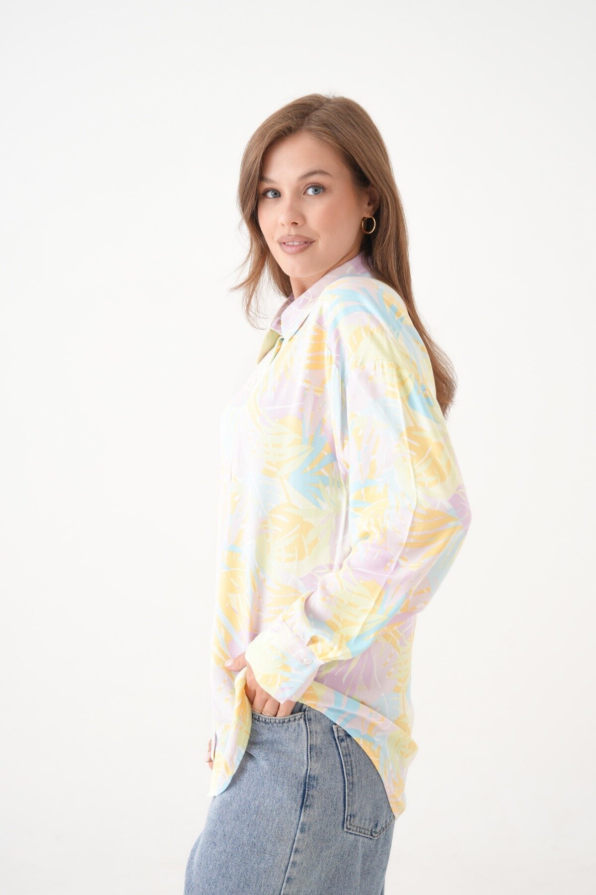 Kadın Tesettüre Uygun Desenli Uzun Kol Pamuk Şık Büyük Beden Desenli Curve Rahat Gömlek