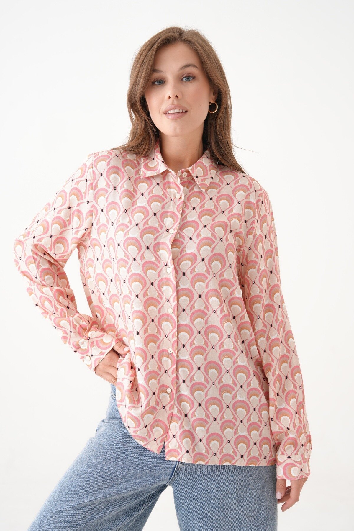 Kadın Tesettüre Uygun Desenli Uzun Kol Pamuk Şık Büyük Beden Desenli Curve Rahat Gömlek