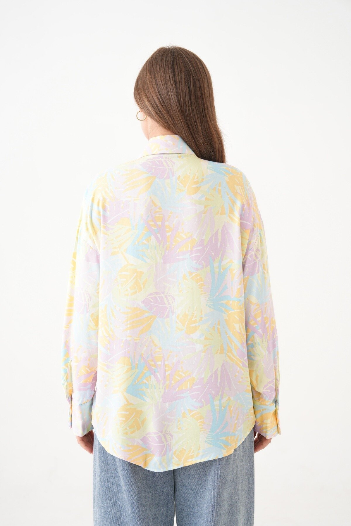 Kadın Tesettüre Uygun Desenli Uzun Kol Pamuk Şık Büyük Beden Desenli Curve Rahat Gömlek