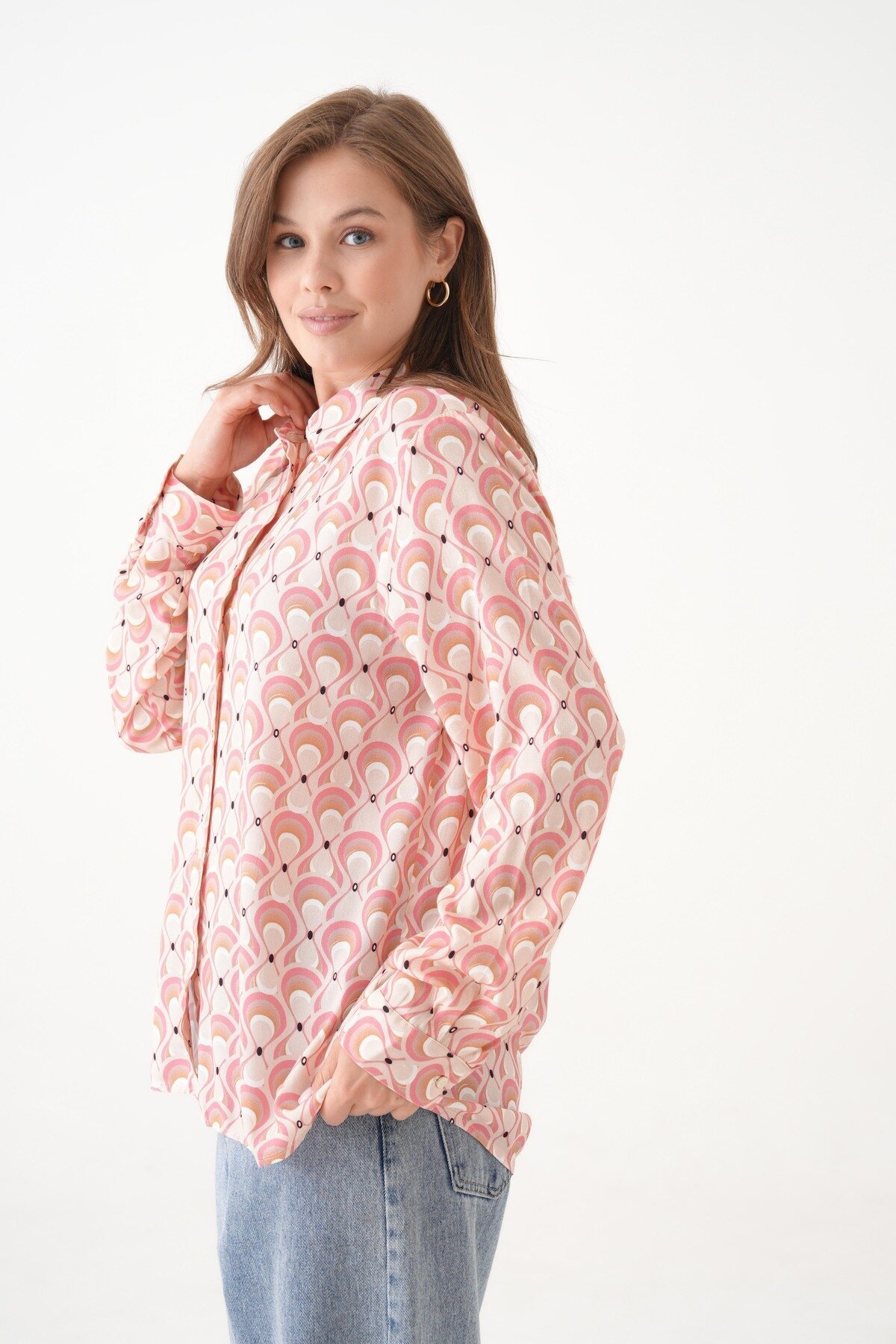 Kadın Tesettüre Uygun Desenli Uzun Kol Pamuk Şık Büyük Beden Desenli Curve Rahat Gömlek