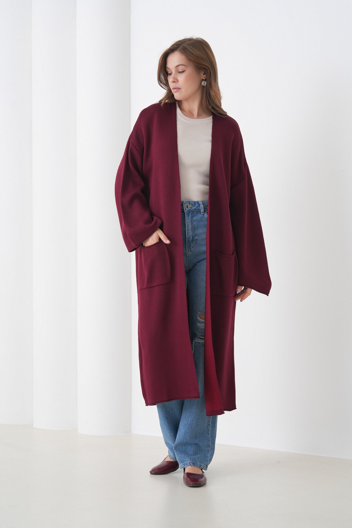 Kadın Tesettüre Uygun Maxi Boy Uzun Kol Cepli Spor Şık Triko Ceket