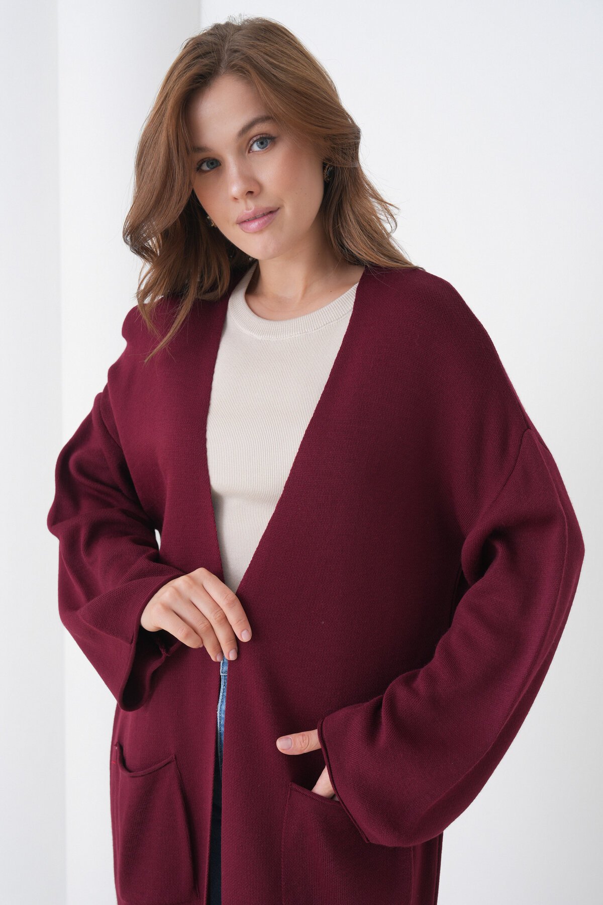 Kadın Tesettüre Uygun Maxi Boy Uzun Kol Cepli Spor Şık Triko Ceket