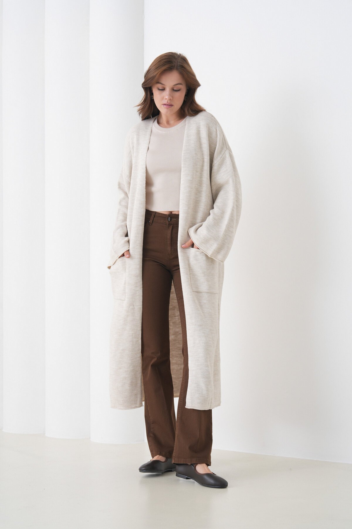 Kadın Tesettüre Uygun Maxi Boy Uzun Kol Cepli Spor Şık Triko Ceket