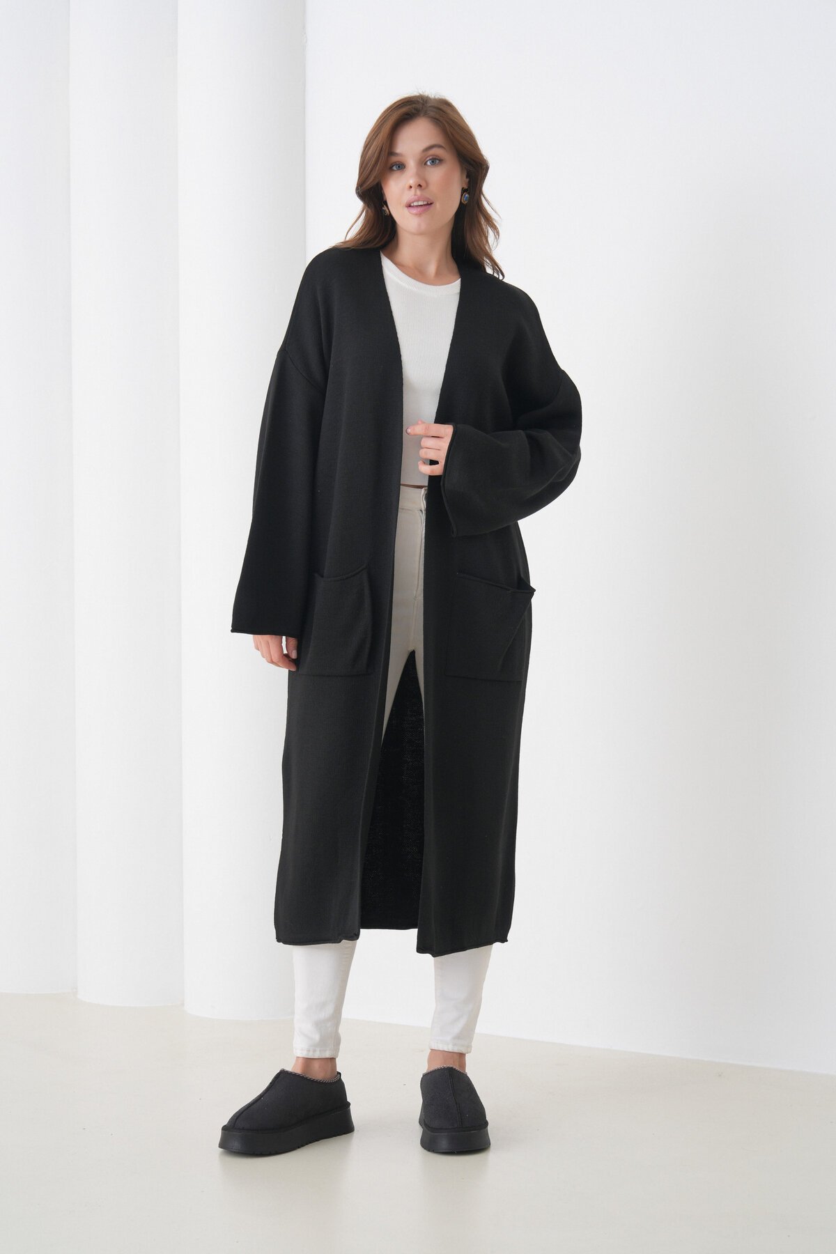 Kadın Tesettüre Uygun Maxi Boy Uzun Kol Cepli Spor Şık Triko Ceket